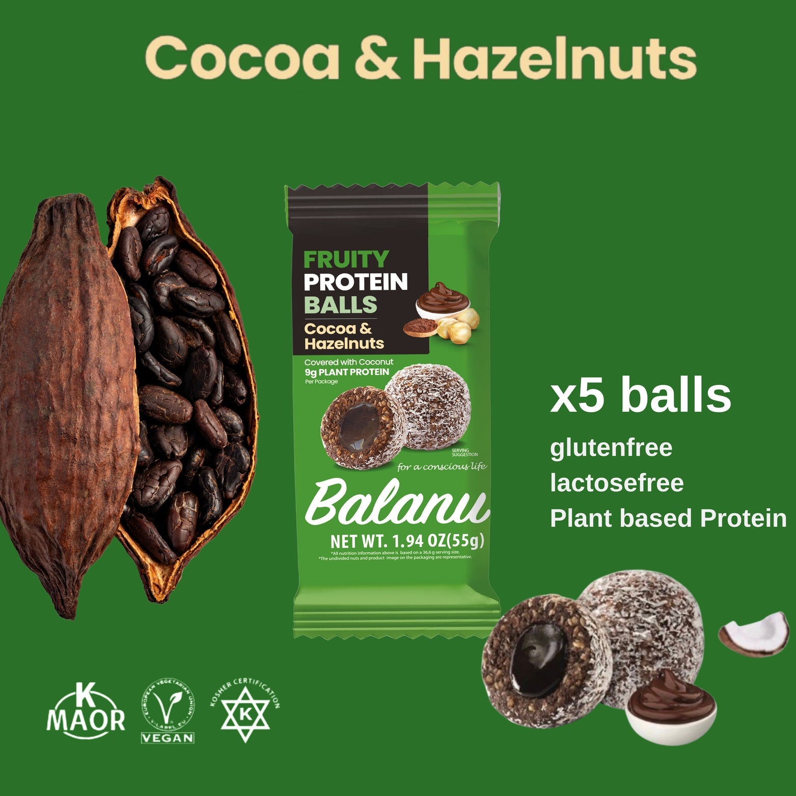 Balanu Fruity Protein Balls Cocoa & Hazelnuts 55 g x 6-2