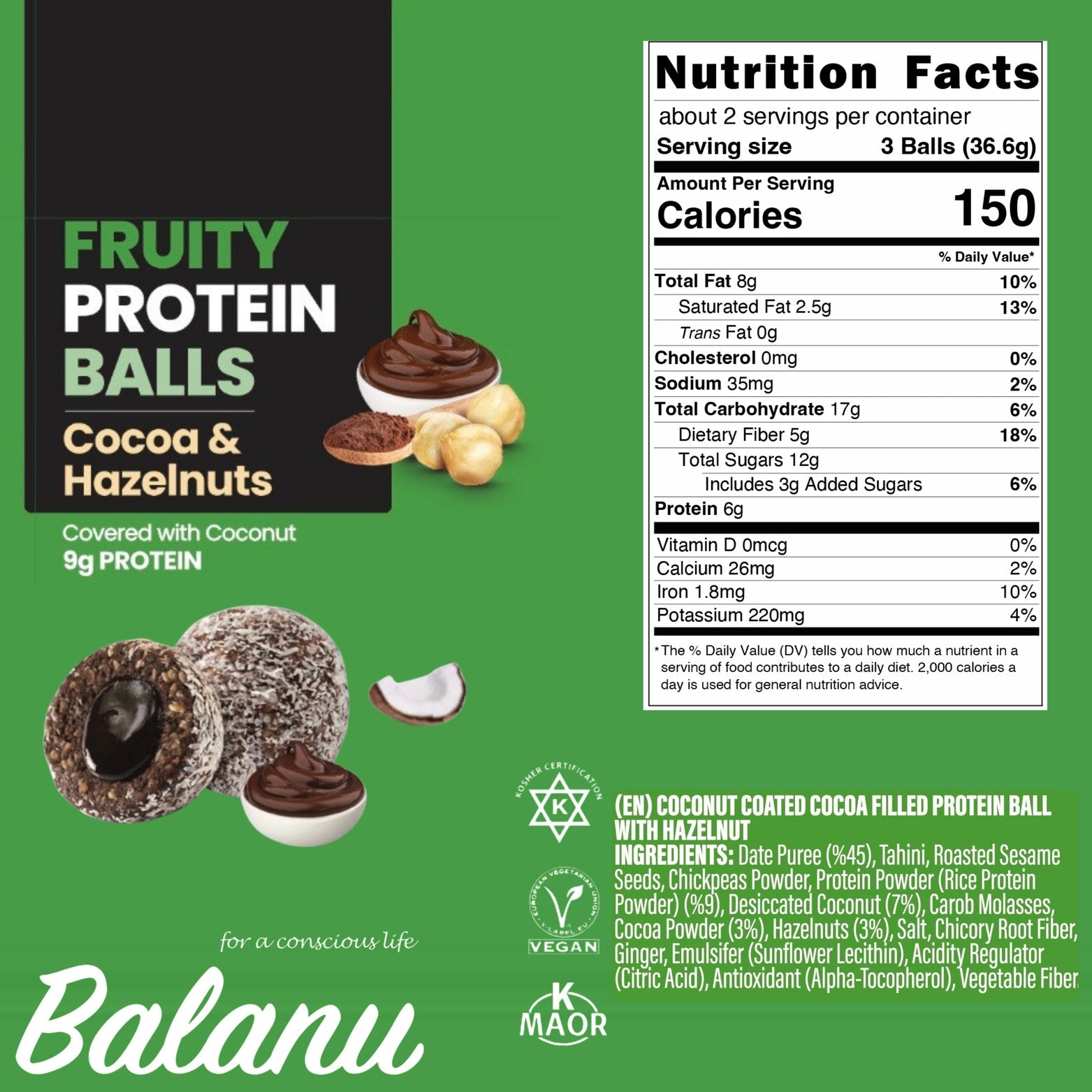 Balanu Fruity Protein Balls Cocoa & Hazelnuts 55 g x 6-1